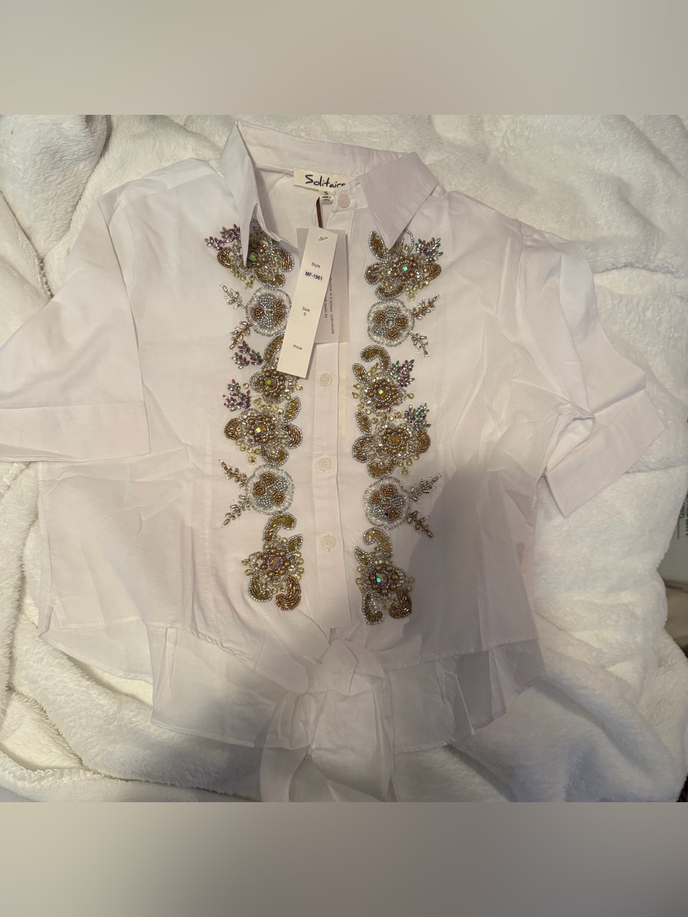 Solitaire Embellished White Tie-Front Shirt